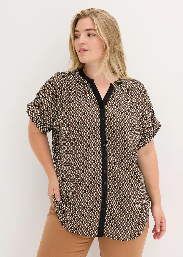 Chemisier oversize en crêpe fluide, Couleur: marron moka/noir graphique