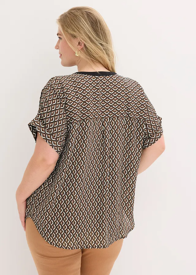 Oversized blouse van soepel chiffon, Kleur: mokkabruin-zwart grafische print