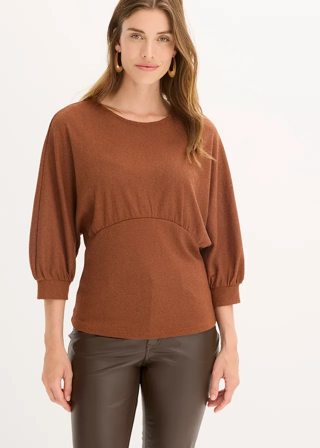 Bouclé-shirt, Kleur: bruin gemêleerd