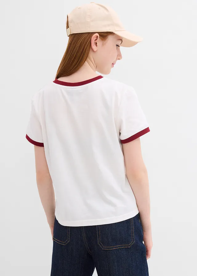 T-shirt 100% coton, Couleur: écru/rouge prune imprimé