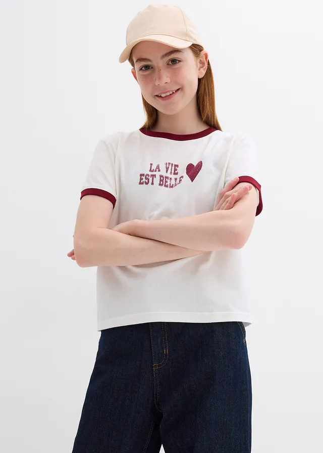 T-shirt 100% coton, Couleur: écru/rouge prune imprimé