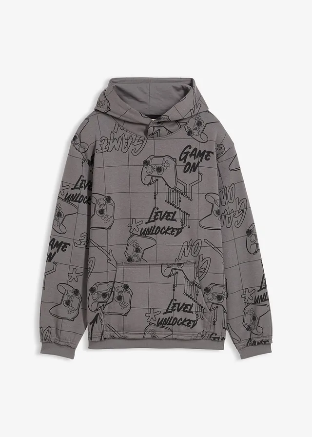 Sweat à capuche doux en coton mélangé, Couleur: gris fumé imprimé
