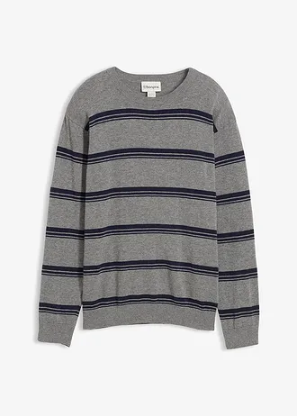 Fijngebreide trui van recyclebaar katoen • grijs gemêleerd-donkerblauw gestreept • bonprix online shop