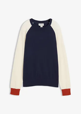 Pulover raglan din tricotaj fin • bej natur-bleumarin-oranj-lavă • magazin bonprix