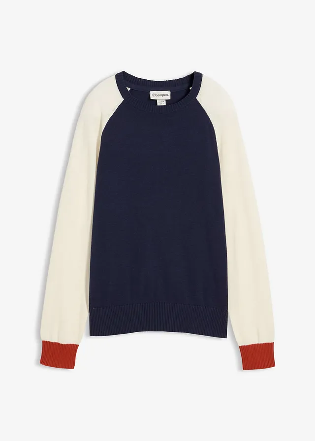 Fijngebreide raglantrui, Kleur: natuurbeige-donkerblauw-lavaoranje