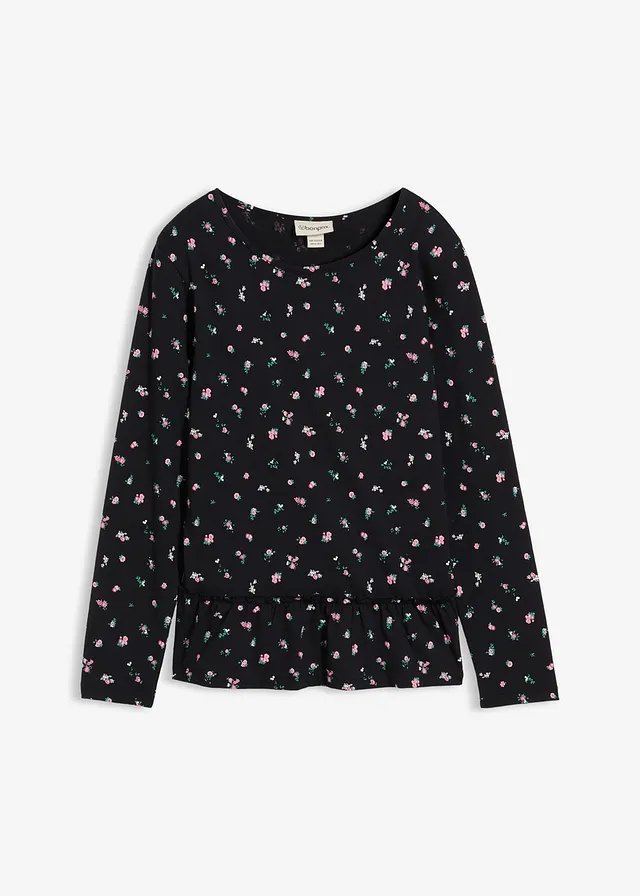 Longsleeve van een elastische katoenmix, Kleur: zwart gebloemd