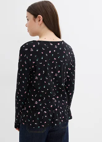 Hosszú ujjú póló elasztikus bio-pamut keverékből • fekete/virágmintás • bonprix áruház