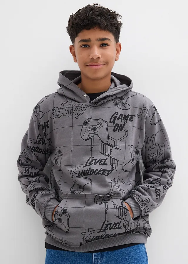 Hoodie in een zachte katoenmix, Kleur: rookgrijs gedessineerd