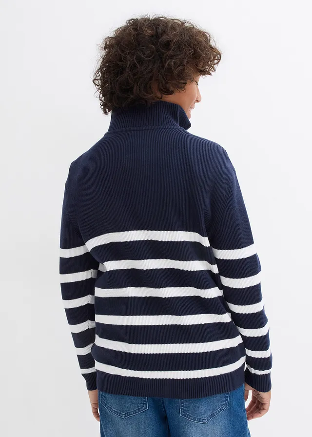 Pull camionneur en fine maille 100% coton, Couleur: bleu foncé-écru rayé