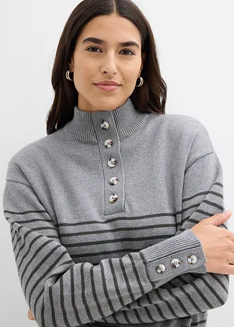 Svetr s propínacím límečkem • šedý melír-antracitová s proužky • bonprix obchod
