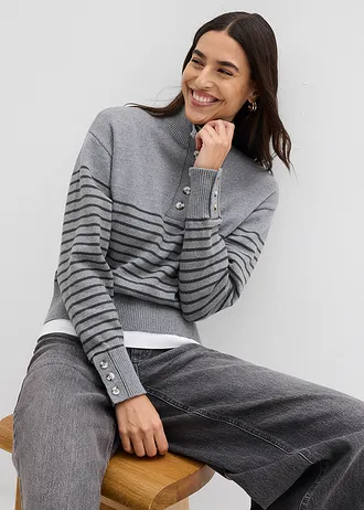 Svetr s propínacím límečkem • šedý melír-antracitová s proužky • bonprix obchod