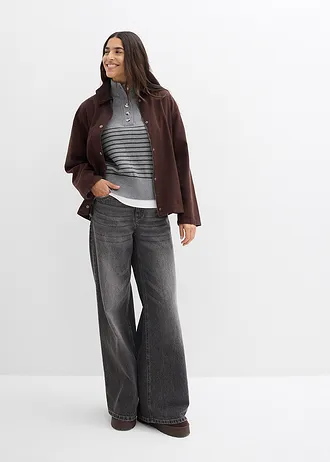 Sweter ze stójką i guzikami przy dekolcie, kolor: szary melanż-antracytowy w paski