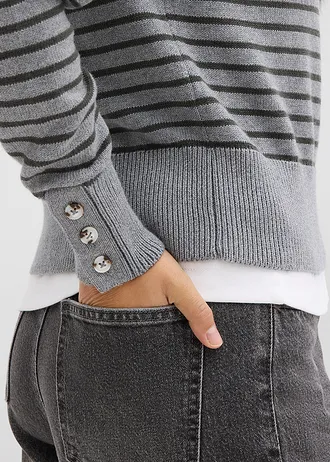 Svetr s propínacím límečkem • šedý melír-antracitová s proužky • bonprix obchod