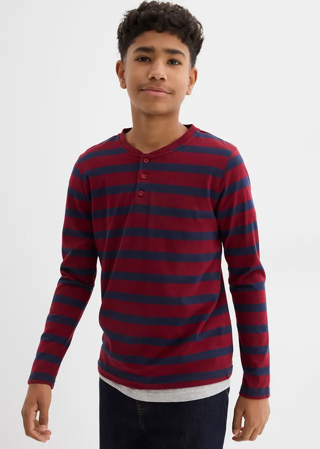 Henley shirt van puur biologisch katoen (set van 2), Kleur: donkerblauw+pruimrood gestreept