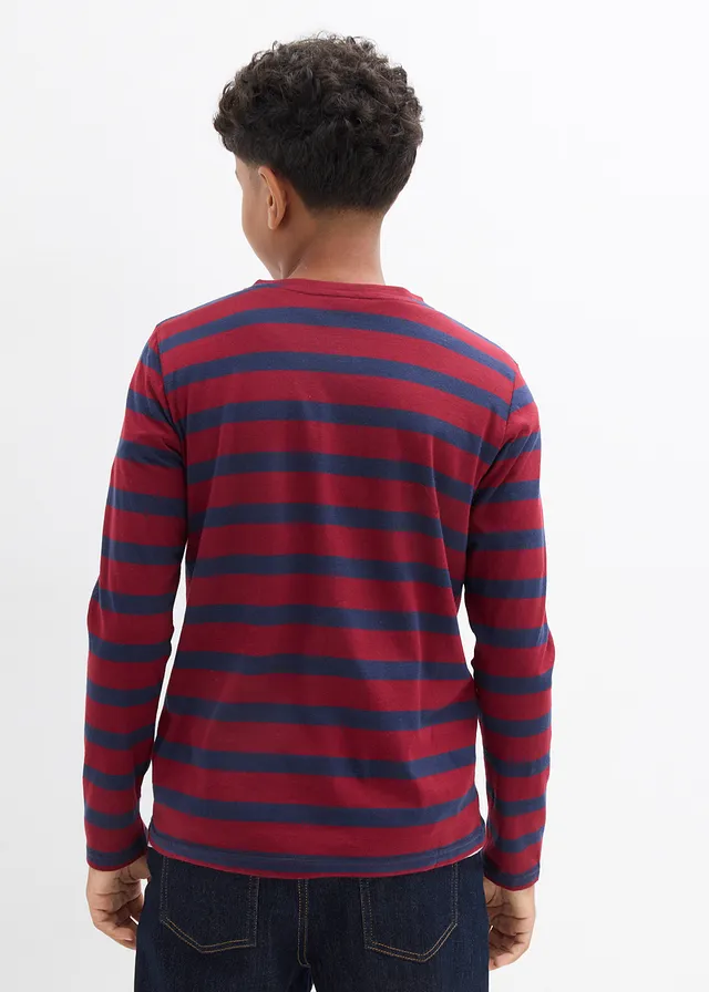 Lot de 3 T-shirts col tunisien 100% coton, Couleur: bleu foncé+rouge prune rayé