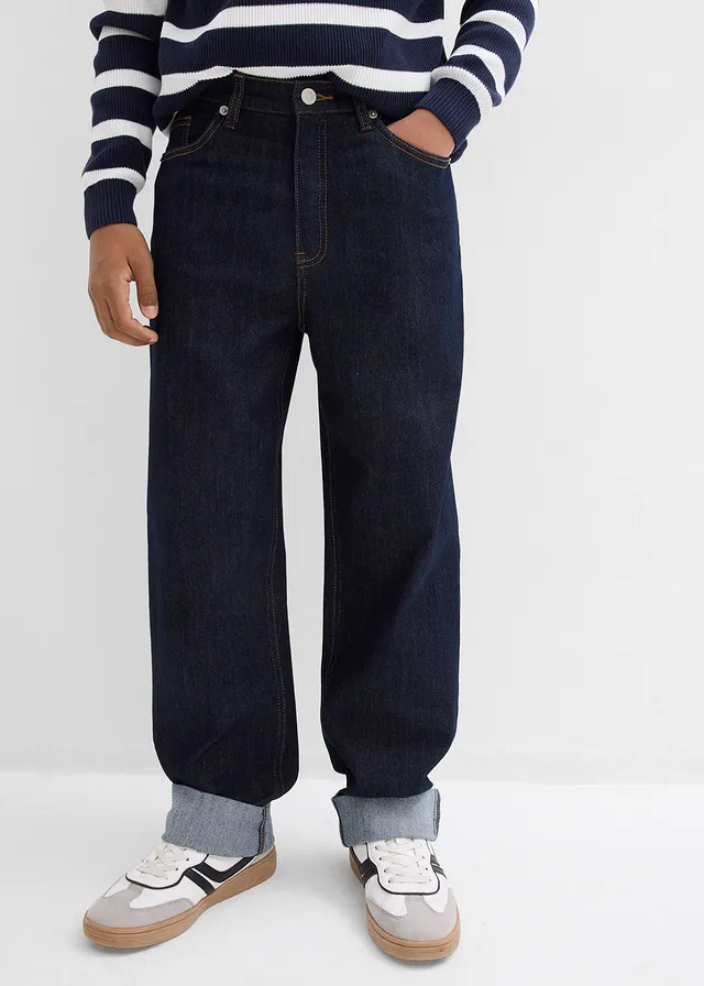 Loose fit stretch jeans met verstelbare band, straight, Kleur: donkerblauw denim