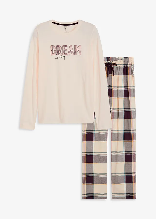 Pyjama avec pantalon tissé doux et pochette cadeau, Couleur: beige naturel-sureau carreaux