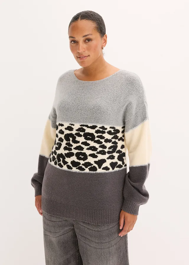 Oversized trui, Kleur: grijs gemêleerd-antraciet gemêleerd luipaardprint