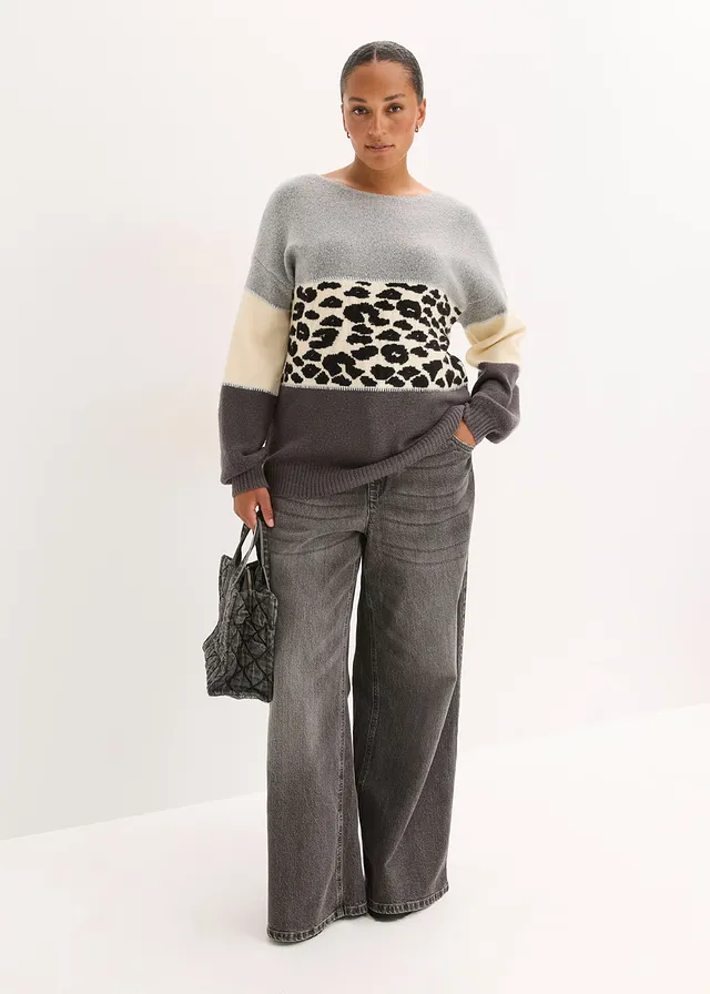 Oversized trui, Kleur: grijs gemêleerd-antraciet gemêleerd luipaardprint