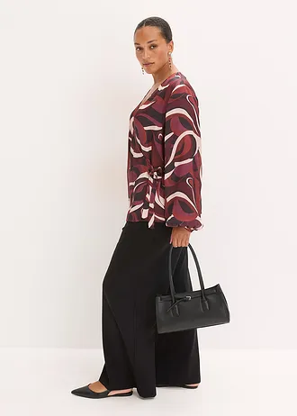 Zavinovací halenka ze splývavého saténu, barva: vínovo-matně béžová s potiskem