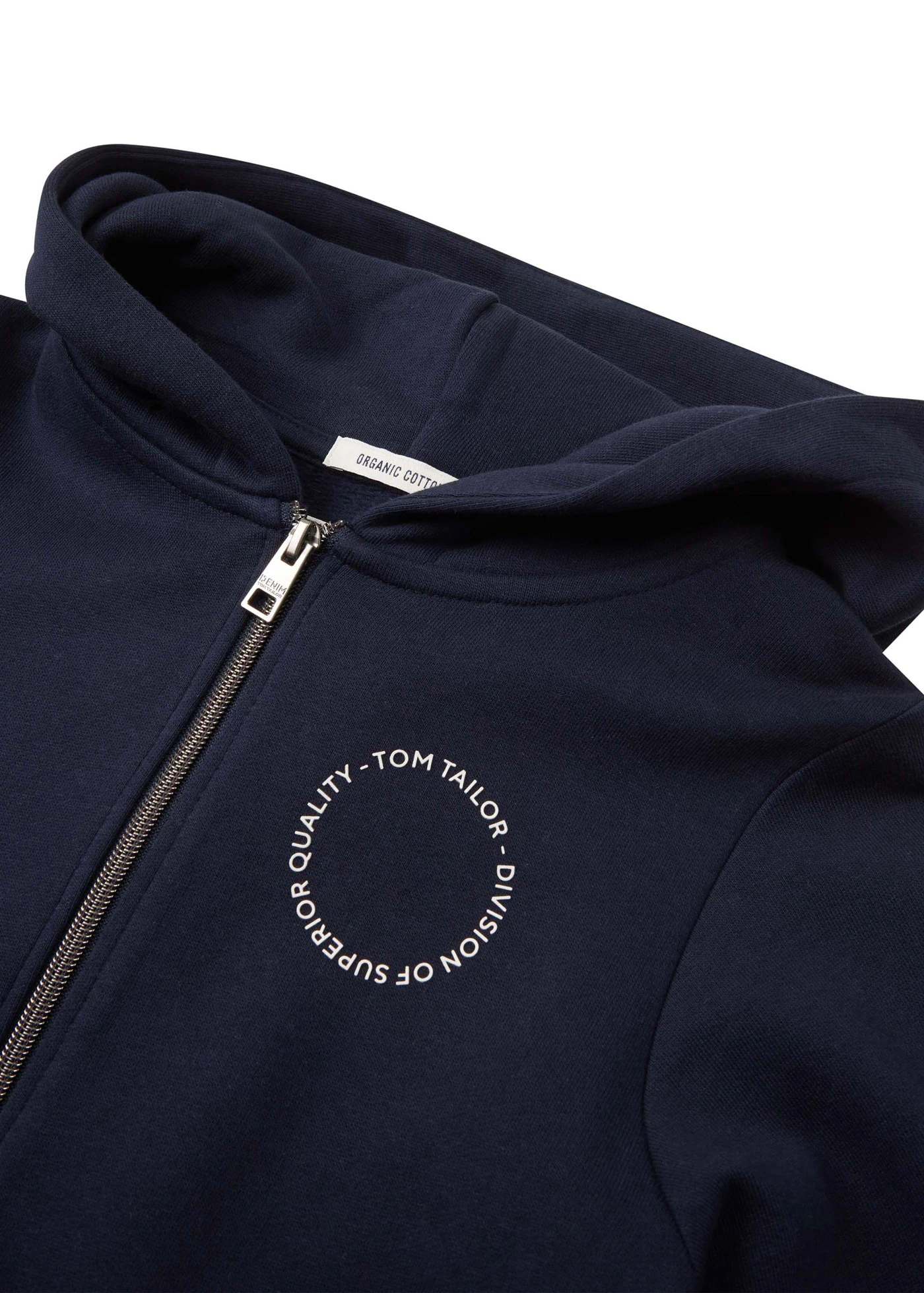 Propínací mikina s kapucí značky Tom Tailor • tmavě modrá s potiskem • bonprix obchod
