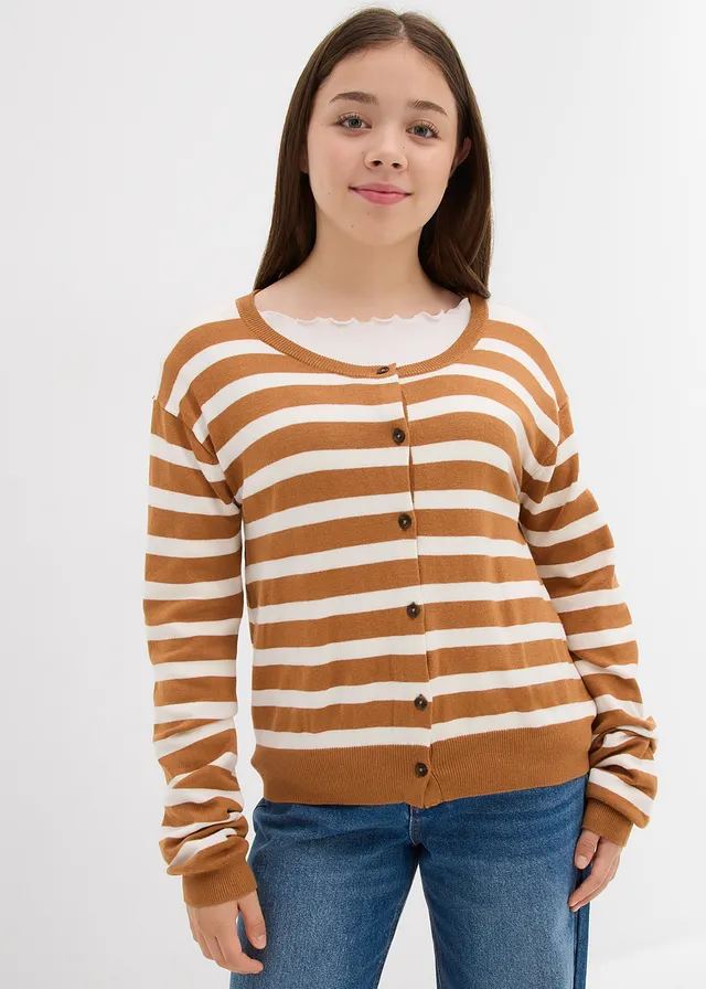Gilet en fine maille de viscose mélangée, Couleur: noisette/écru rayé