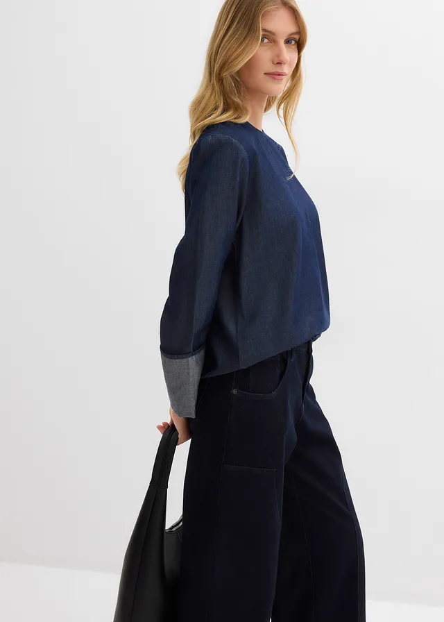 Džínová halenka se širokým rukávem sytě modrý denim unwashed