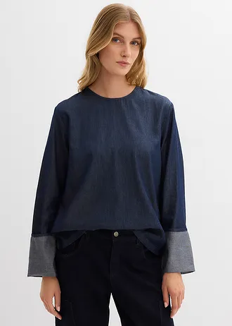 Spijkerblouse met wijde mouwen, Kleur: donkerblauw denim