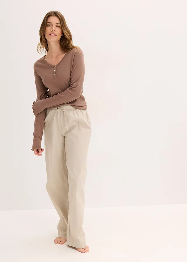 Loungewear geribd shirt met een geweven broek, Kleur: mat bruin gestreept