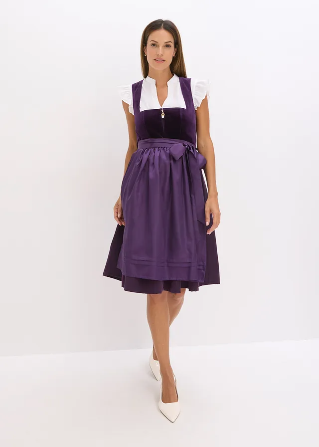 Dirndl met fluweel in midi lengte (2-dlg. set), Kleur: donkerpaars