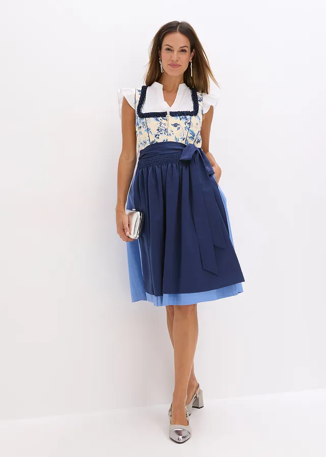 Dirndl met geborduurde schort (2-dlg. set), Kleur: donkerblauw-beige gebloemd
