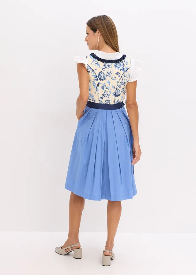 Dirndl met geborduurde schort (2-dlg. set), Kleur: donkerblauw-beige gebloemd