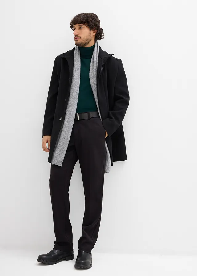 Korte coat in wollen look, Kleur: zwart