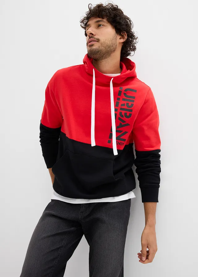 Mikina s kapucí, Slim Fit • černp-jahodová s potiskem • bonprix obchod