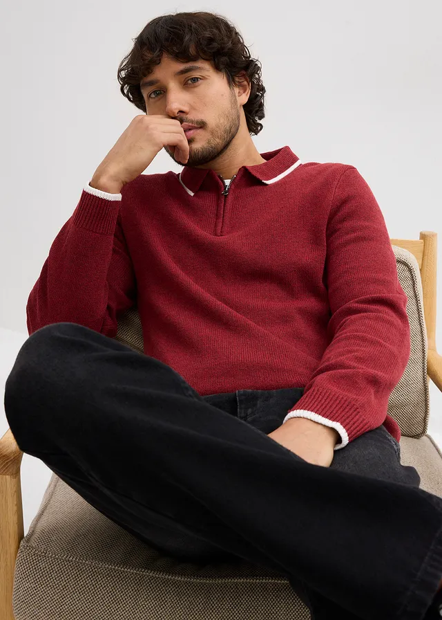 Pull col polo en coton recyclé majoritaire • rouge foncé chiné • product-page.page-title-suffix