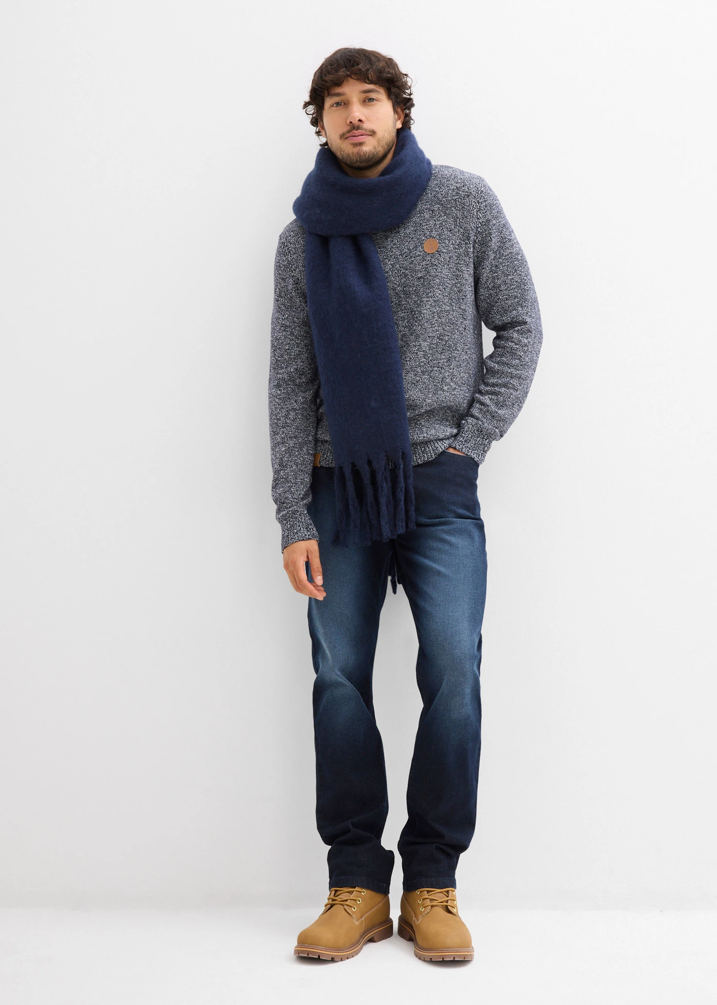 Svetr s kulatým výstřihem, s čistou bavlnou • tmavě modrá melír • bonprix obchod