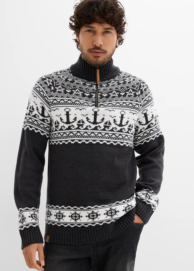 Pull camionneur à motif norvégien marin, Couleur: anthracite chiné-blanc norvégien