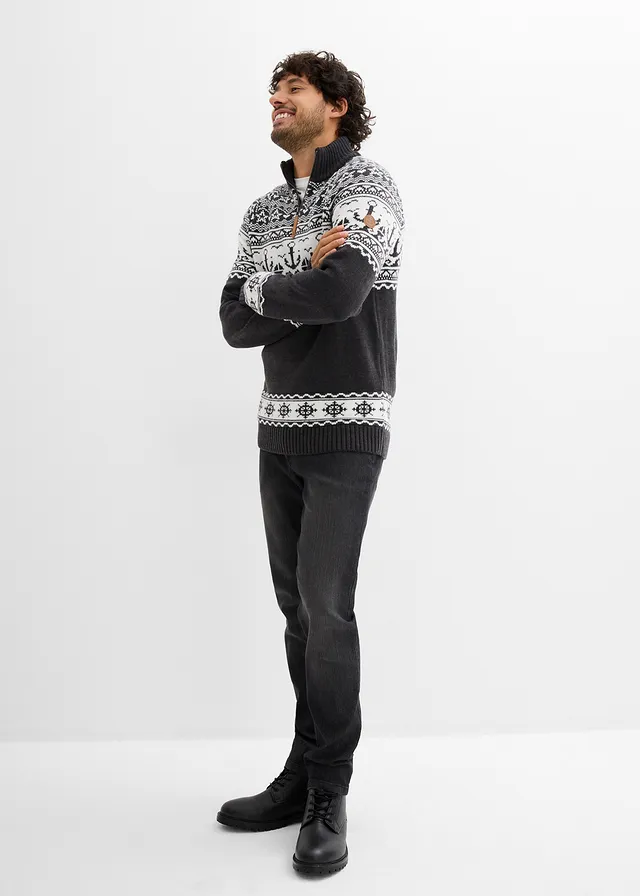Pull camionneur à motif norvégien marin, Couleur: anthracite chiné-blanc norvégien