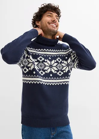 Noorse trui met col van katoen • donkerblauw-crèmewit Noors patroon • bonprix online shop