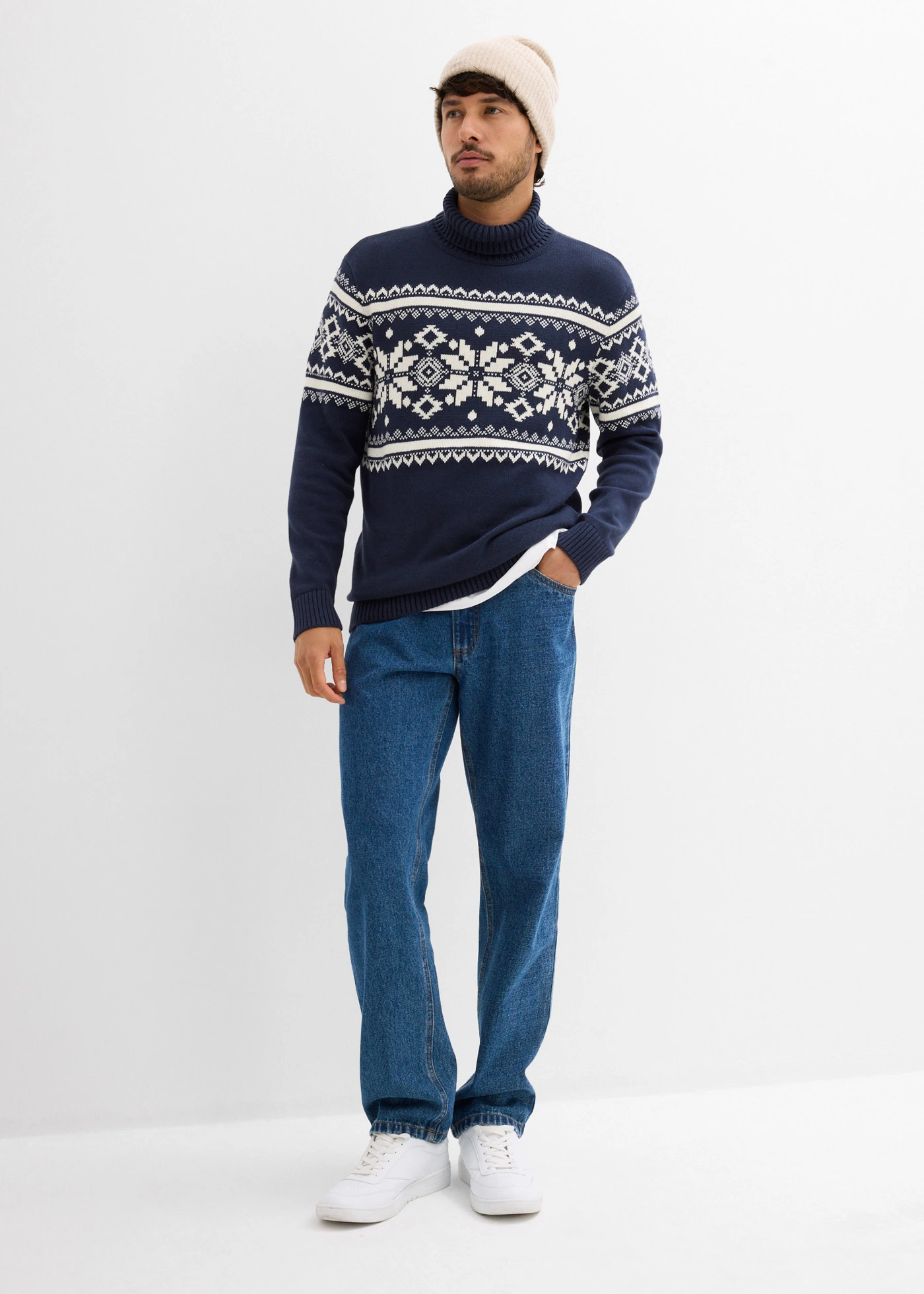 Pull col roulé à motif norvégien, 100% coton • bleu foncé-crème norvégien • Boutique bonprix