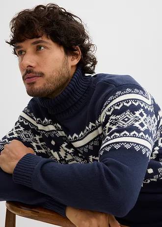Svetr s norským vzorem a rolákem, z čisté bavlny • tmavě modro-krémově bílá s norským vzorem • bonprix obchod