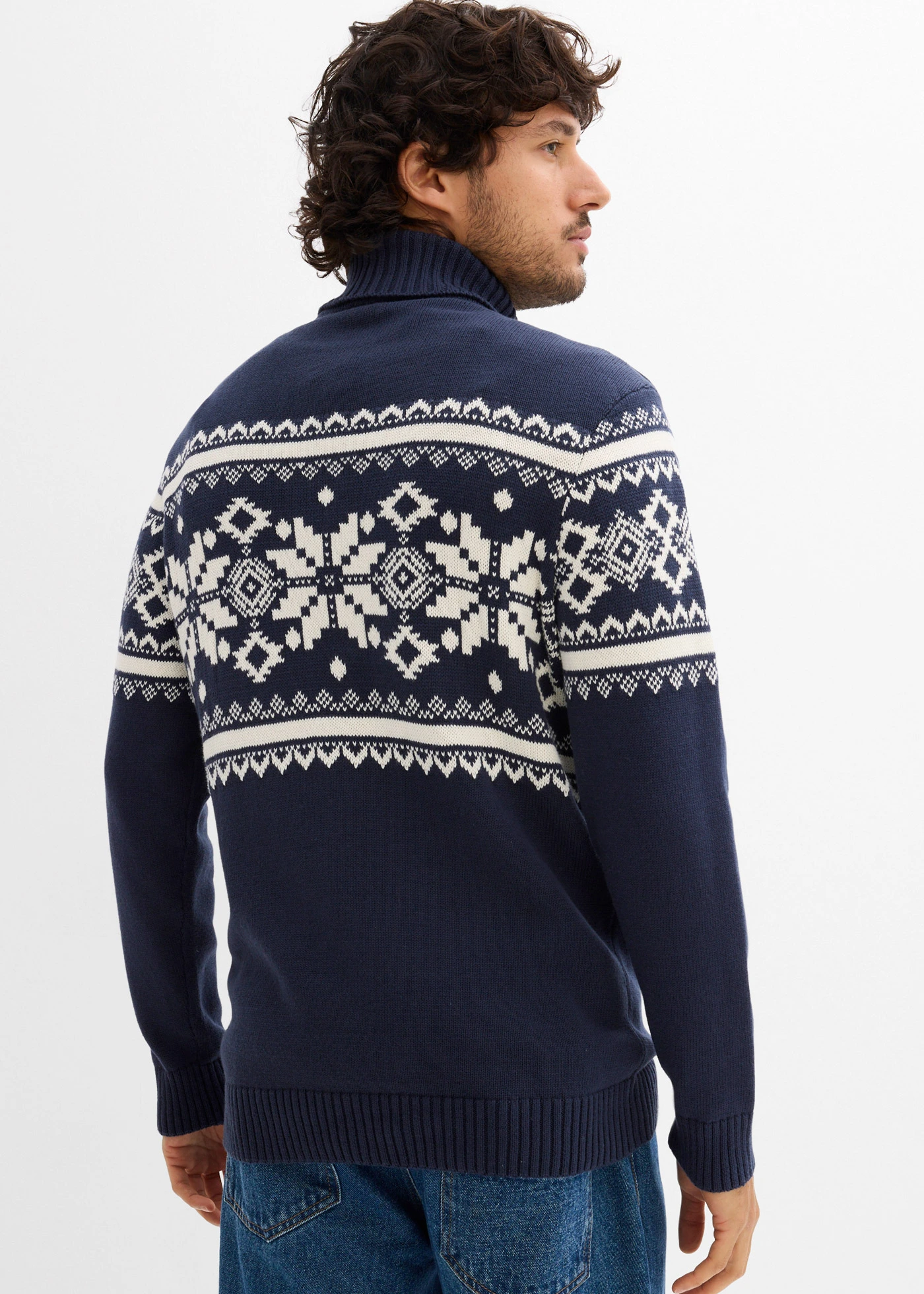 Pull col roulé à motif norvégien, 100% coton • bleu foncé-crème norvégien • Boutique bonprix