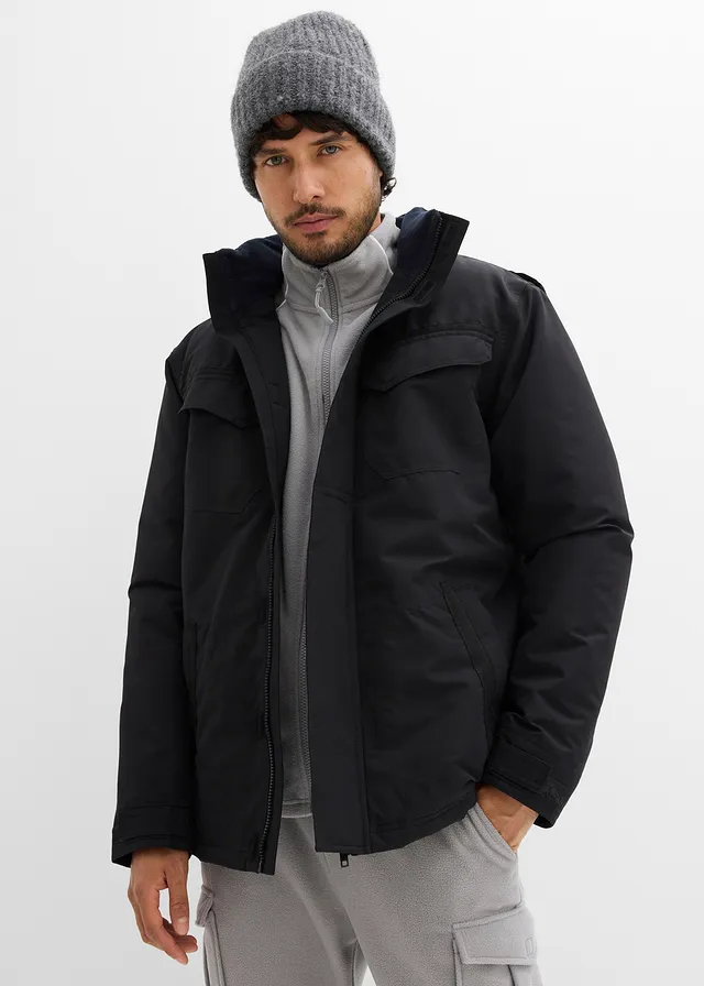 Parka technique imperméable à capuche enroulable et épaulettes, Couleur: noir
