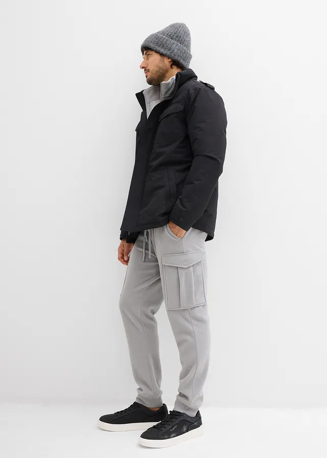 Parka technique imperméable à capuche enroulable et épaulettes, Couleur: noir