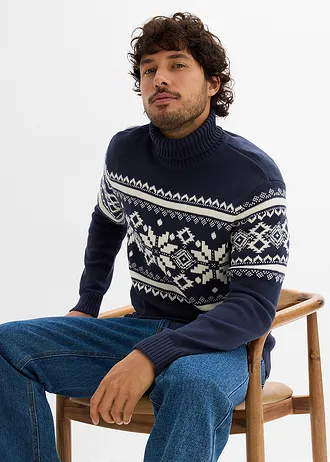 Pull col roulé à motif norvégien, 100% coton • bleu foncé-crème norvégien • Boutique bonprix