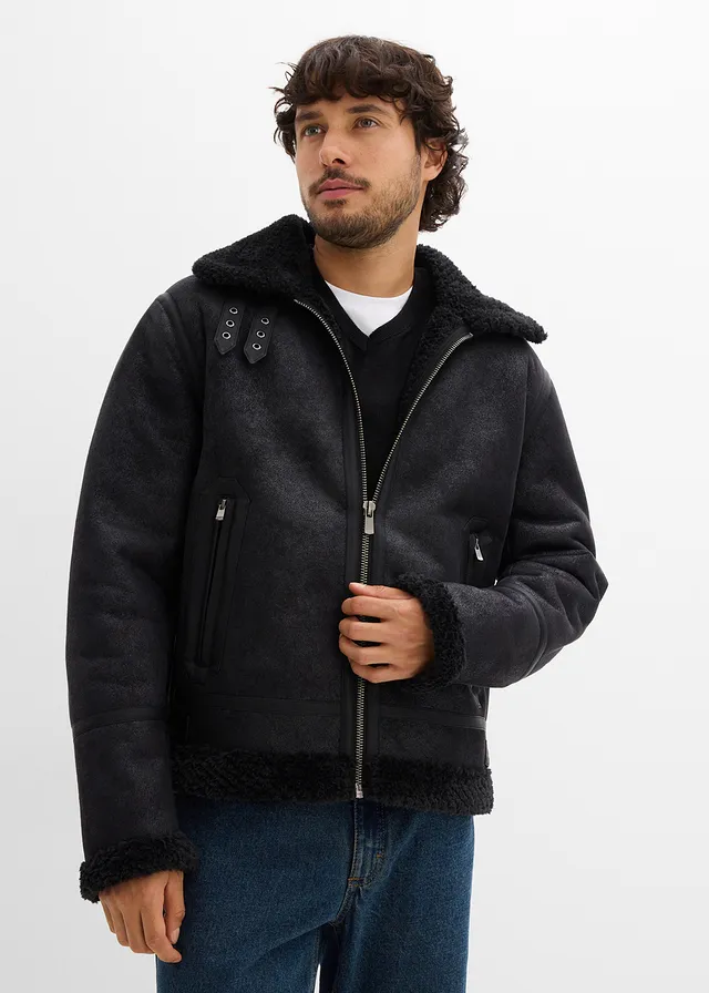 Blouson enduit doublé sherpa, Couleur: noir