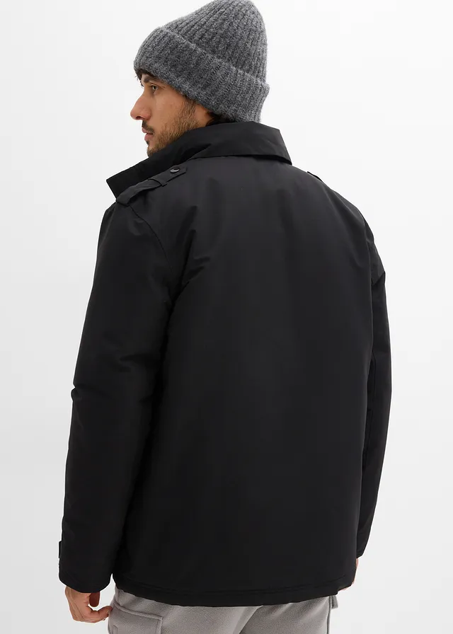 Parka technique imperméable à capuche enroulable et épaulettes, Couleur: noir