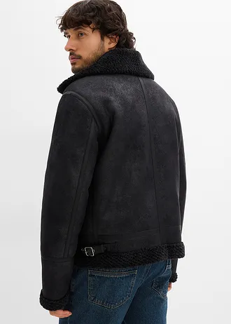 Korte imitatieleren jas met teddy voering • zwart • bonprix online shop