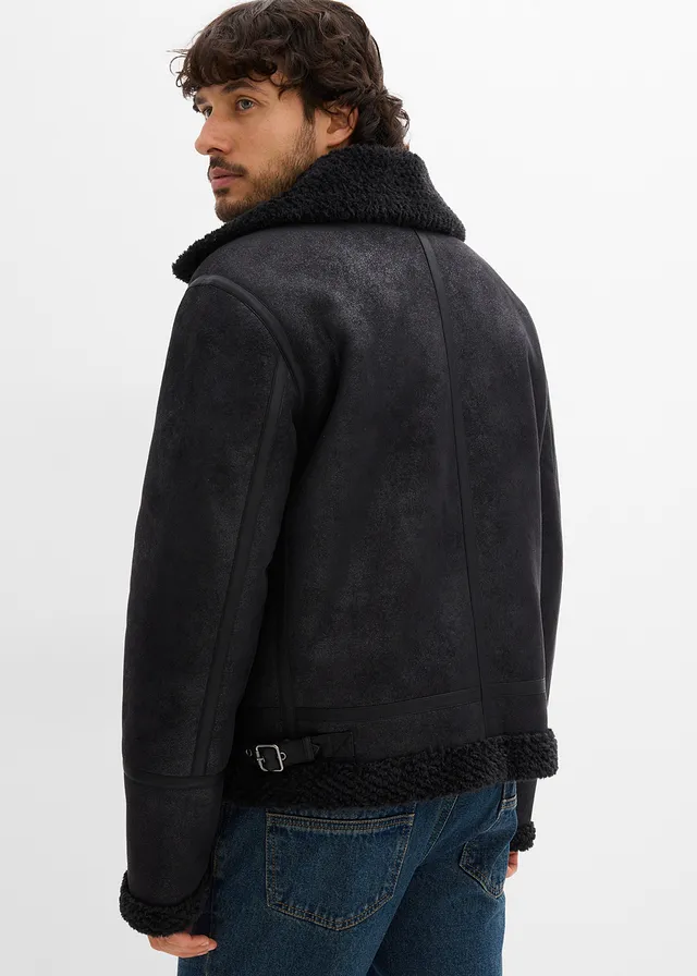Blouson enduit doublé sherpa, Couleur: noir