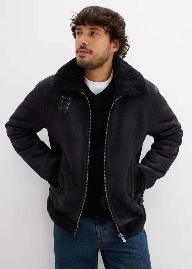 Korte imitatieleren jack met teddy voering • zwart • product-page.page-title-suffix